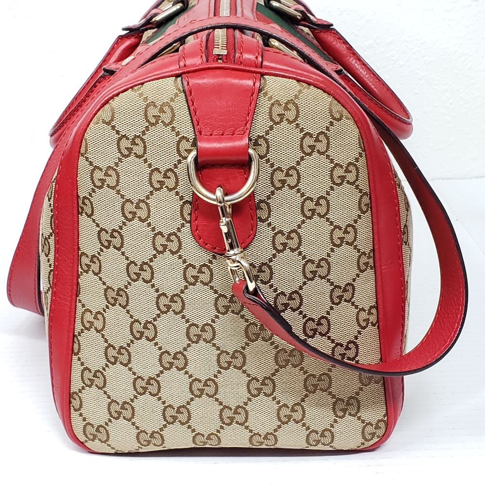 Authentic Gucci Boston GG Supreme Web Stripe Red Leather Satchel Bag - Picture 4 of 16
